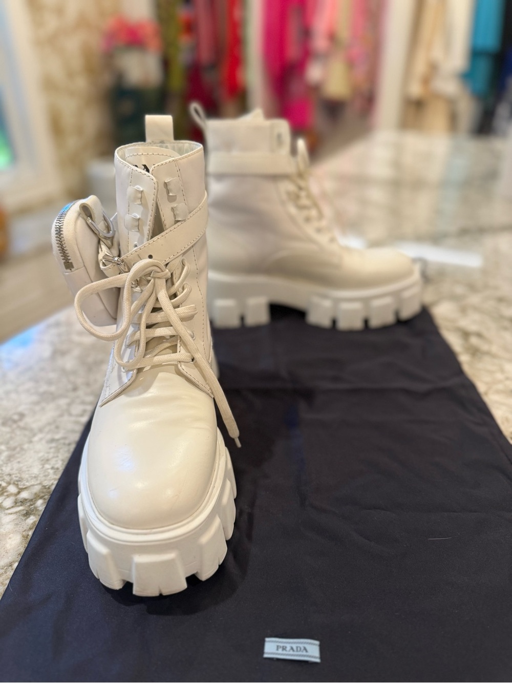 Prada Cream Leather Lug-Sole Lace-Up Boots